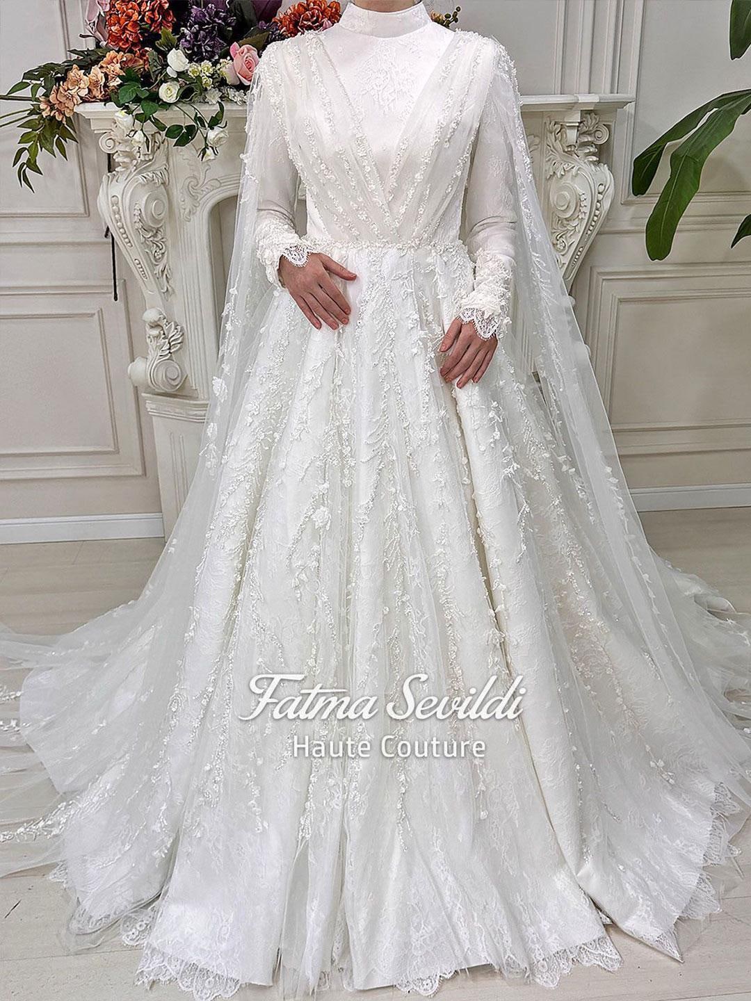long sleeve muslim wedding dress Vintage High Neck Muslim Wedding Dresses Long Sleeves Lace Applique Bridal Gown