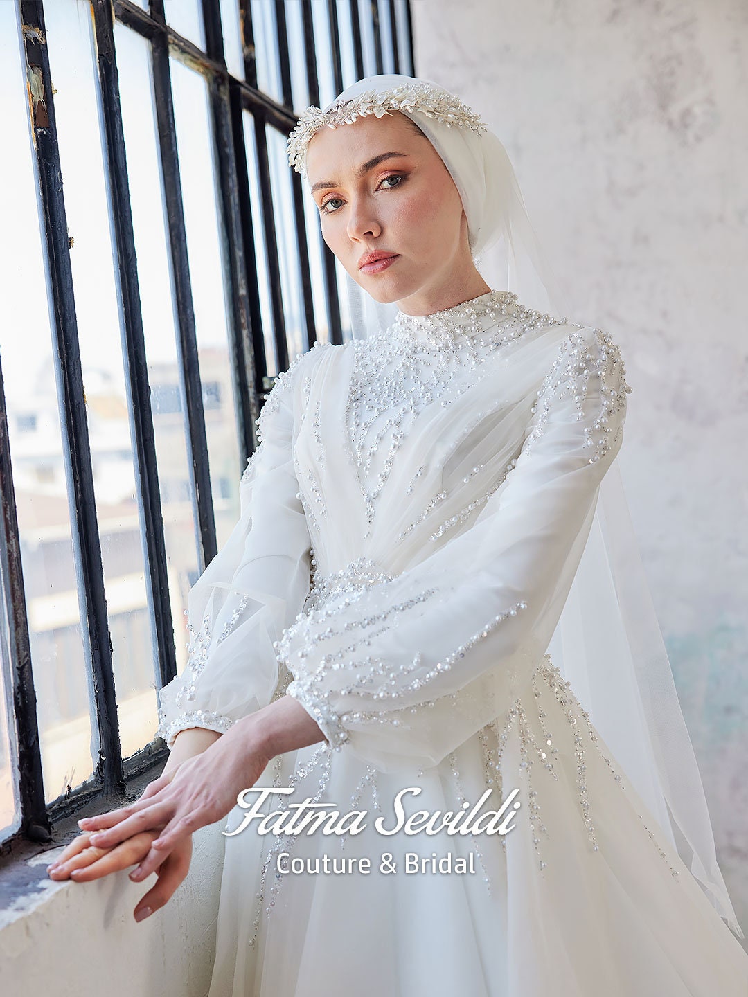 Satin & Lace Modest Muslim Wedding Dress – Ivory Elegance for Your Big Day