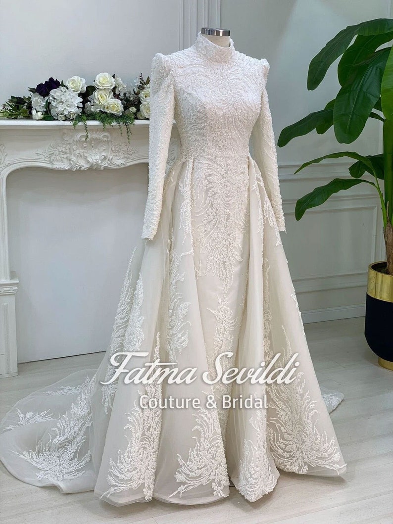 Hijab Wedding Dress Elegant Muslim Wedding Dress Beaded Lace Etsy