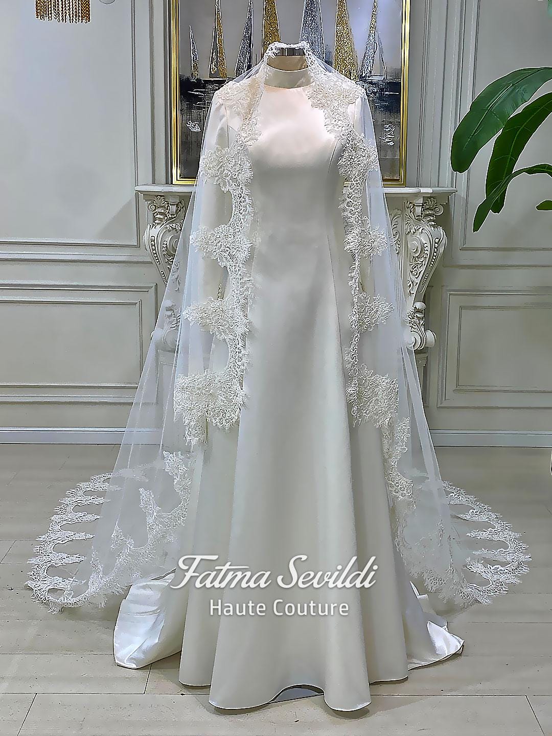 Veiled Satin Hijab Wedding Dress, High Neck Long Sleeve A-Line Modest Nikkah Gown