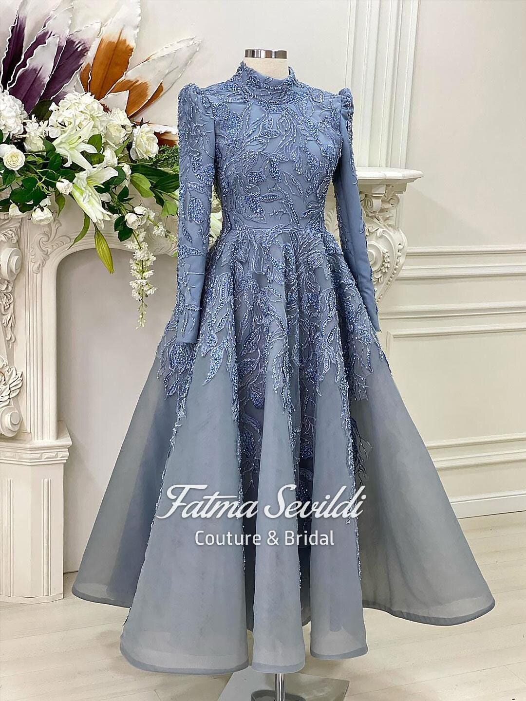 Modest Wedding Dress, Blue Beaded Lace Hijab Evening Gown High Neck Long  Sleeve - Etsy Israel
