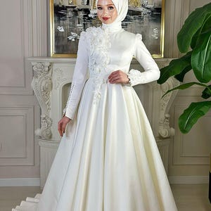 Satin Muslim Wedding Dress, Long Sleeve Modest Bridal Gown, Custom Made