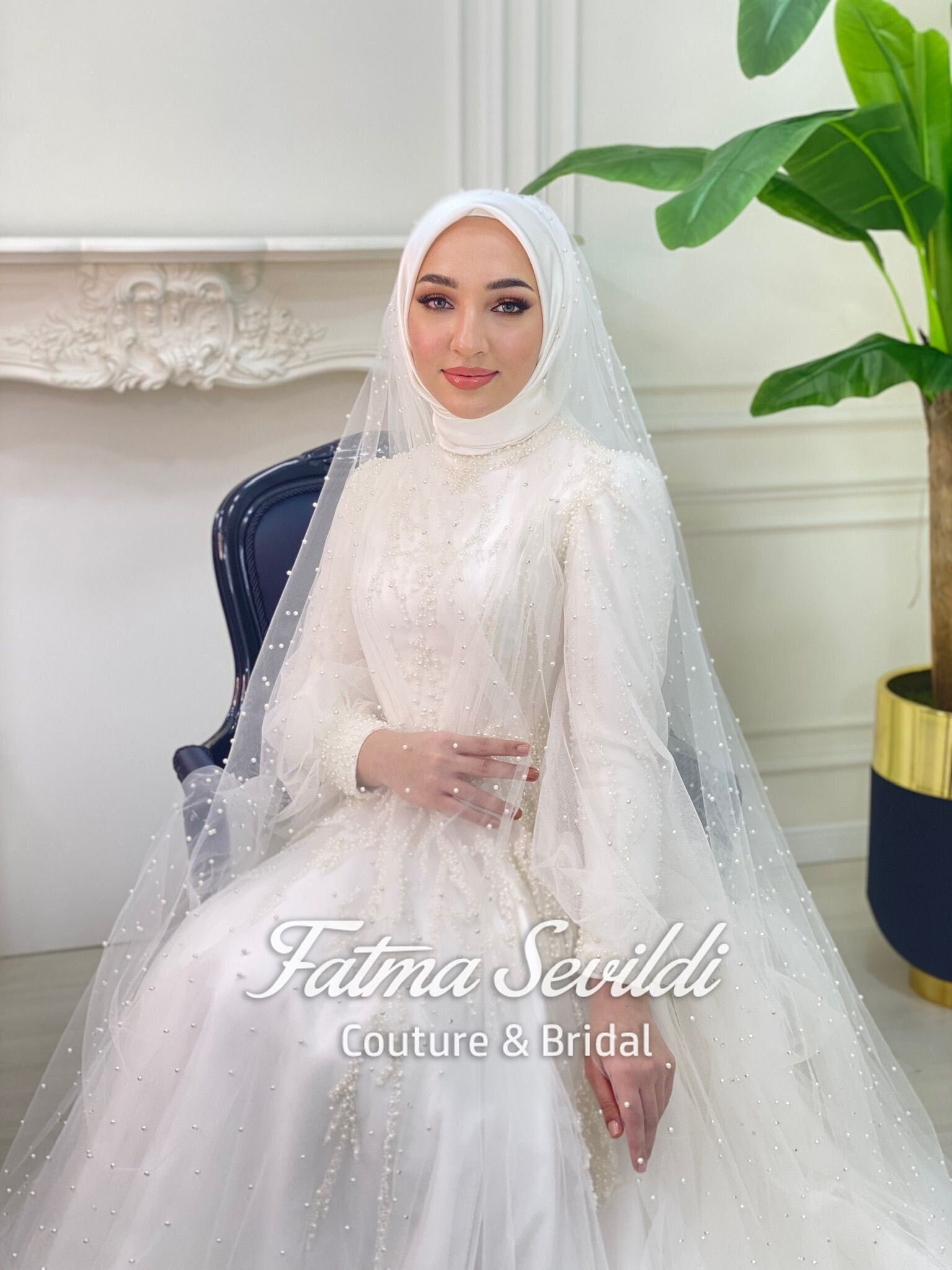 Pearl Muslim Wedding Dress Beaded Lace Bridal Dress Hijab