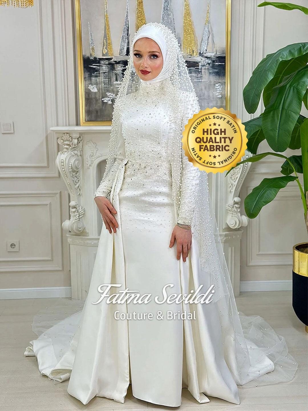 Pearl Beaded Lace Muslim Wedding Dress: Hijab Bridal Gown