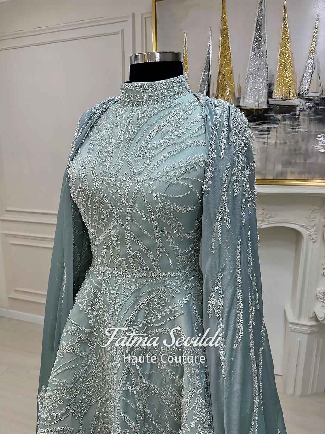 Caped Hijab Evening Gown, High Neck Long Sleeve Beaded Lace Modest Ballgown
