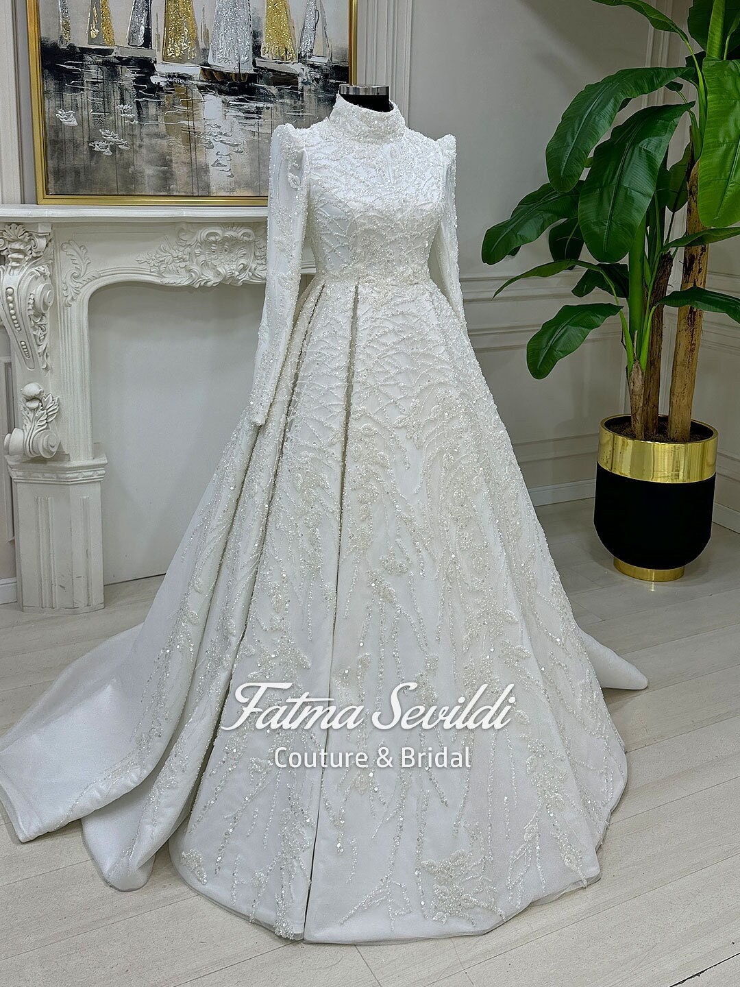 Muslim Islamic Elegance A-Line High Neck Lace Wedding Dress