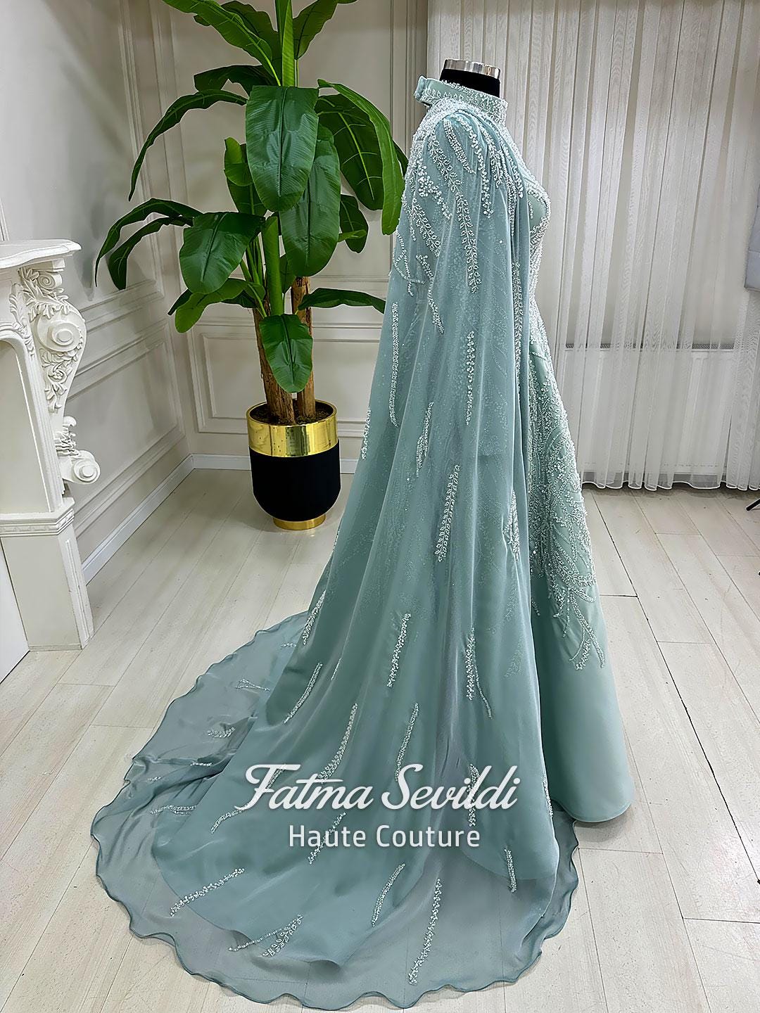 Caped Hijab Evening Gown, High Neck Long Sleeve Beaded Lace Modest Ballgown  - Etsy