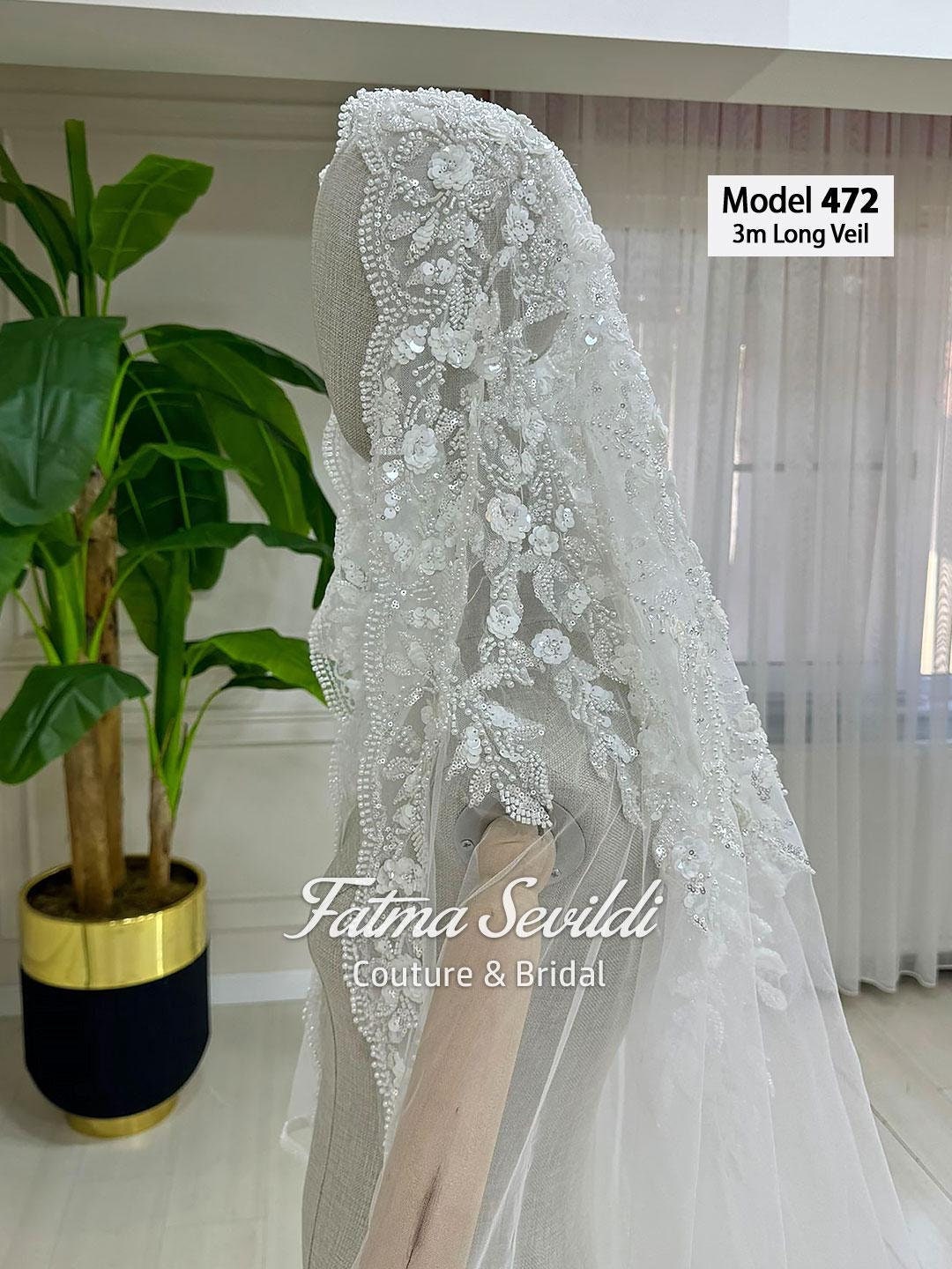 Veiled Model PART5 Beaded Lace Cathedral Bridal Veil, Hand-sewn Appliqué, Mantilla ...