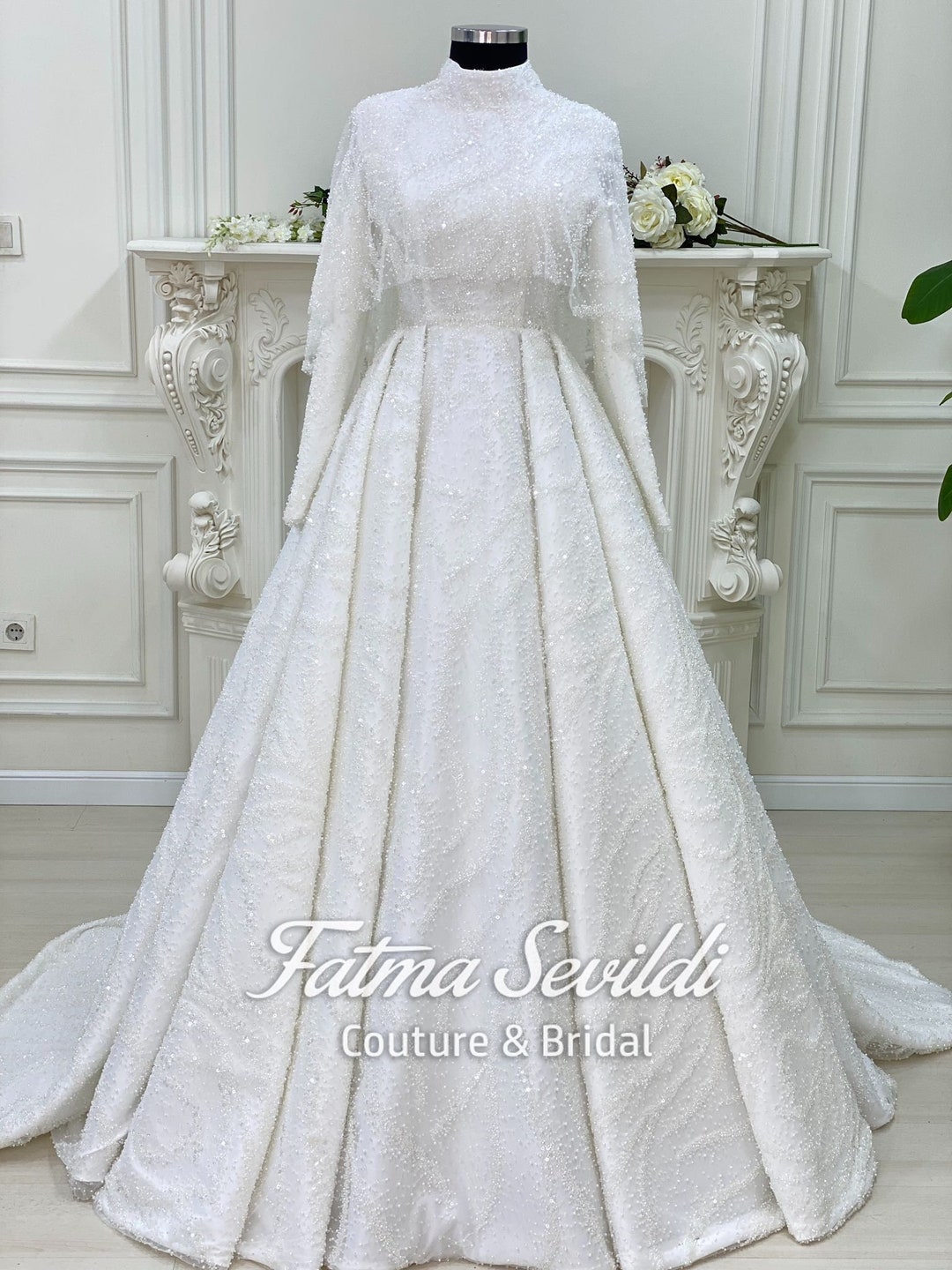 Luxurious Sequins Bridal Gown Aline Long Sleeves Highneck Sweep Train –  Ballbella