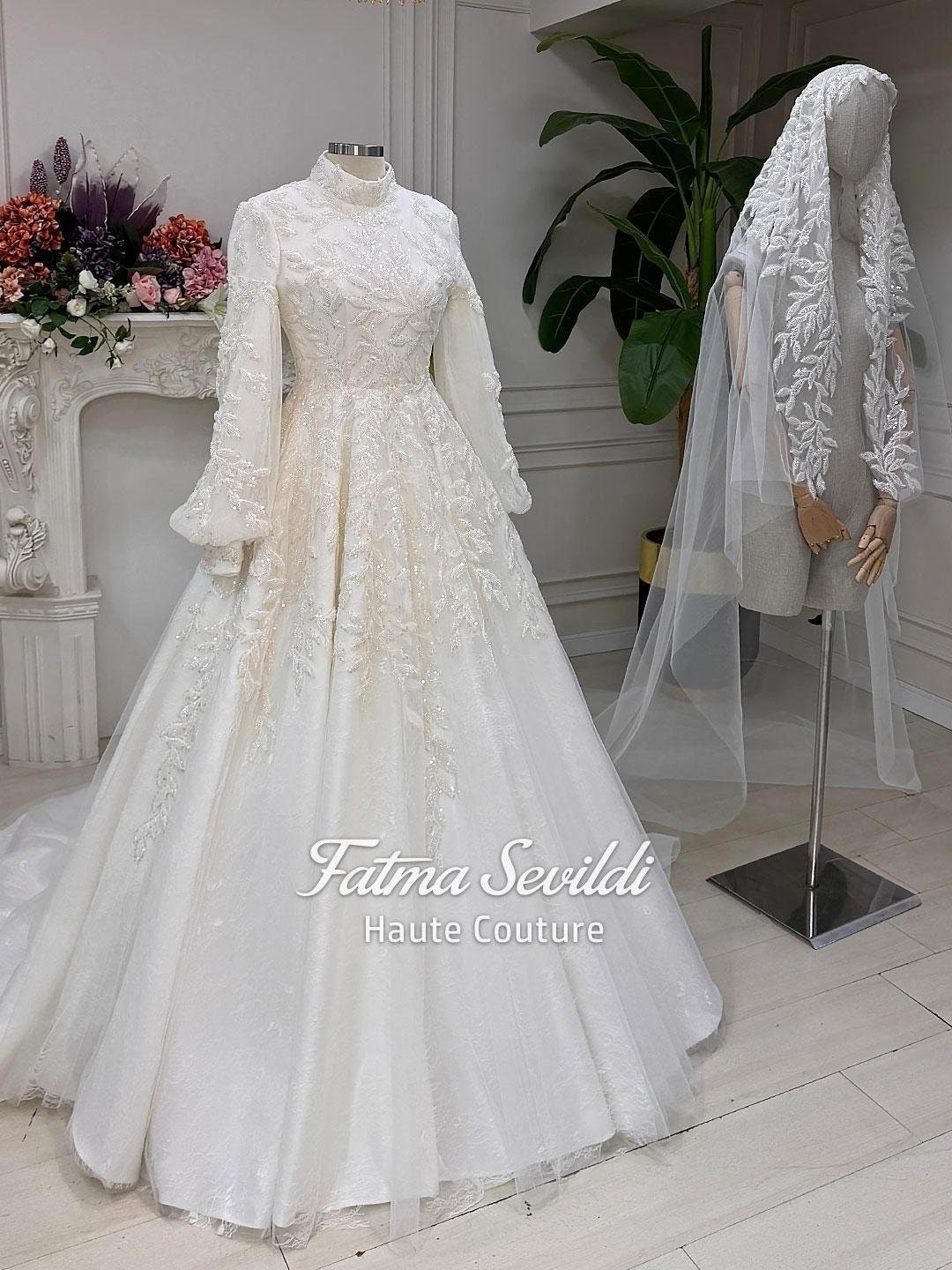 Buy Veiled Lace Hijab Wedding Dress: Beaded Muslim Bridal Gown Online in  India