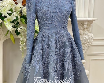 Modest Wedding Dress, Blue Beaded Lace Hijab Evening Gown High Neck Long Sleeve Modest Wedding Dress, Blue Beaded Lace Hijab Evening Gown High Neck Long Sleeve
