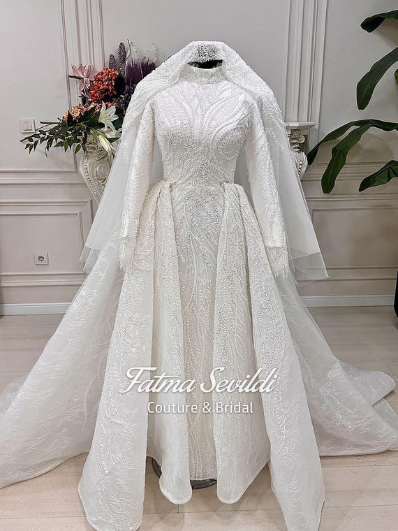 chinese dress ladies Elegant High Neck Sheer Lace Long Sleeves Mermaid Wedding Dress with V –  SHARONSAID