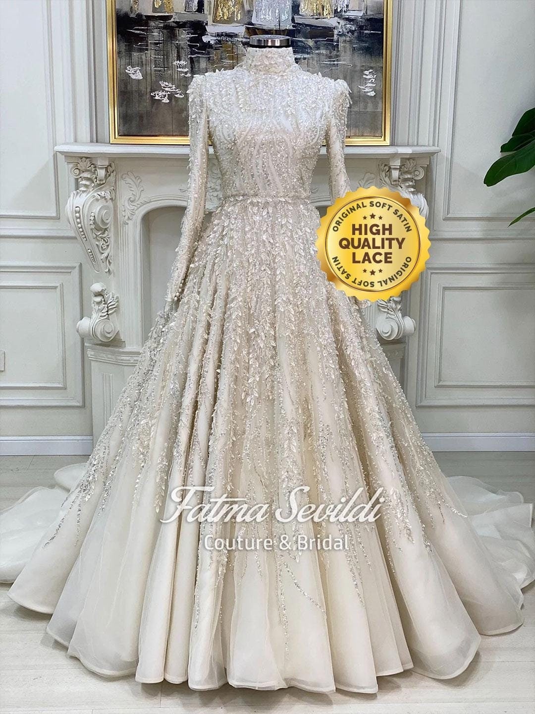 Buy Luxury Beaded Lace Muslim Wedding Dress: Long Sleeve Hijab Bridal Gown  Online in India