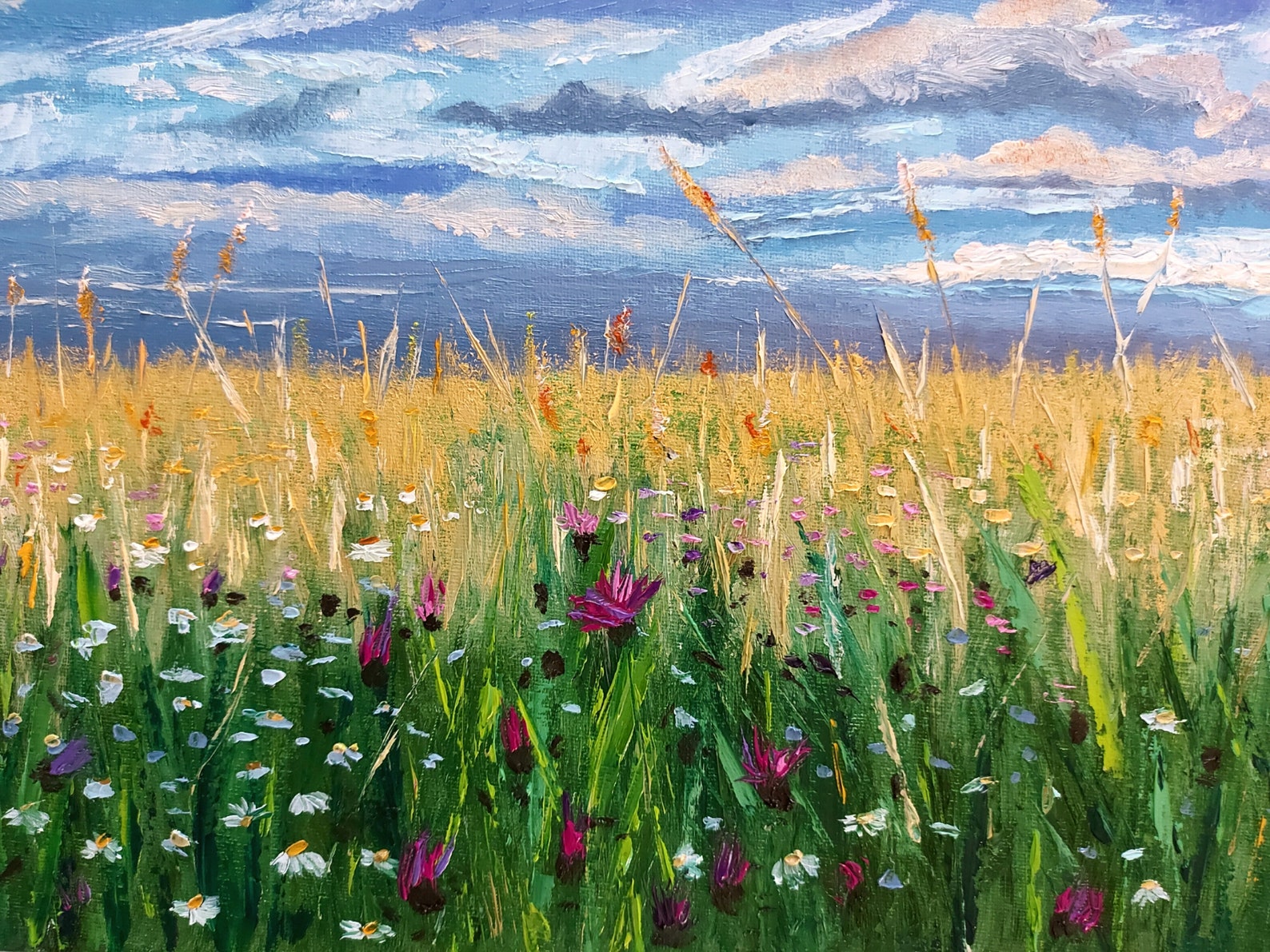 Meadow Painting Wheat Original Art Flower Wall Art Canvas | Etsy