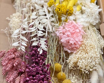 Kit de flores secas "Amarillo y rosa", ramo de flores secas, corona de flores secas en rosa, blanco y amarillo.