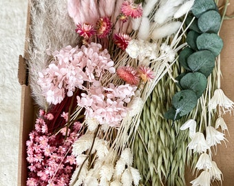 Kit de fleurs séchées à faire soi-même « prairie de fleurs roses », bouquet de fleurs séchées à faire soi-même, couronne de fleurs séchées roses, blanches et vertes