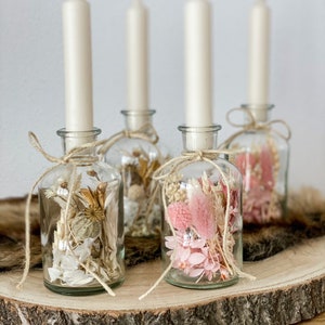 Droogbloemen in een glas, droogbloemenboeket in een glas, ook als kandelaar, bloemenglas