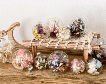 Glass baubles filled with dried flowers, timeless Christmas tree ornaments, Christmas balls