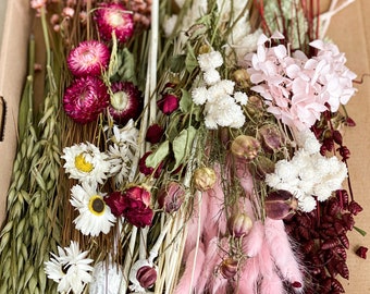 DIY dried flowers DIY set “romantic flower meadow”, DIY dried flower bouquet, dried flower wreath in pink, white, burgundy, green