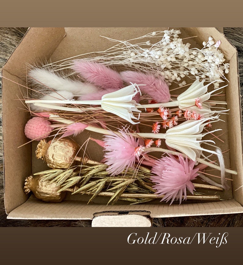 DIY flores secas DIY set en colores coloridos y diferentes, ramo de flores secas DIY, corona de flores secas con hierba de pampa, Lagurus, Phalaris Gold/Rosa/Weiß