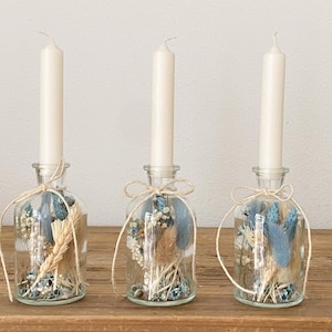 Dried flowers in a glass &quot;little Boy&quot;, in light blue and natural colors, dried flower bouquet in a glass, also as a candle holder, flower glass