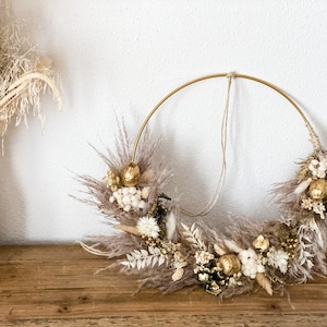Dried flower wreath, wreath with dried flowers, door wreath in gold and natural colors, various sizes