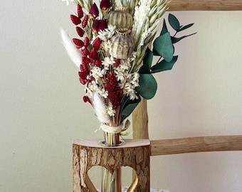 Trockenblumenstrauß „Little Rose“ mit Holz-Vase in verschiedenen Farben mit Hafer, Mohn, Lagurus, Glixia, Phalaris, Broom