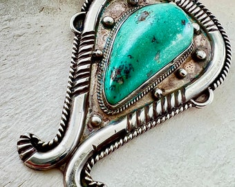 LARGE Vintage Navajo Pendant 1950s Hand Made Sterling Silver and Tall Greenish Blue Turquoise Stone with Strong Hidden Bail on Back