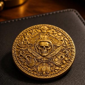 Puede incluir: Una moneda circular de color dorado con un relieve detallado de un cráneo humano centrado entre dos espadas cruzadas. El diseño incluye elementos náuticos como barcos, anclas y un cofre del tesoro, todo rodeado por un borde decorativo.