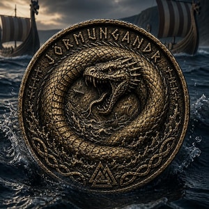 Op de afbeelding: Een cirkelvormig, bronskleurig medaillon met een reliëf van de slang Jörmungandr die in een cirkel is gekruld met de bek open. De tekst JÖRMUNGANDR staat langs de bovenrand gegraveerd, met een driehoekig knoopsymbool onderaan in het midden.