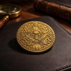 Puede incluir: Una moneda pirata dorada con un diseño detallado de calavera y huesos cruzados. La moneda presenta grabados intrincados de barcos, espadas y otros elementos temáticos piratas. La moneda está sobre una superficie de cuero negro.