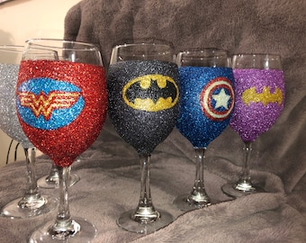 Set superheld glitter wijnglas, bierglas en onderzetter