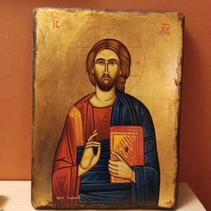 Christ Pandokrator or Christ Almighty ( Χριστός Παντοκράτορας ), hand painted Greek Orthodox Byzantine icon.
