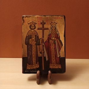 Saints Konstantine and Helen ( Κωνσταντίνος και Ελένη) hand painted Greek Orthodox Byzantine icon.