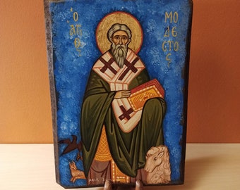 Saint Modestos (Άγιος Μοδεστος), hand painted Orthodox Byzantine icon.