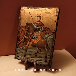 Saint Minas (Μηνάς), hand painted, Orthodox, Byzantine icon.