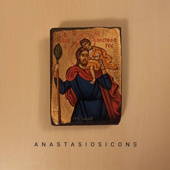 Ikone Heiliger Christophorus 12×10 cm vergoldet Handarbeit Griechenland