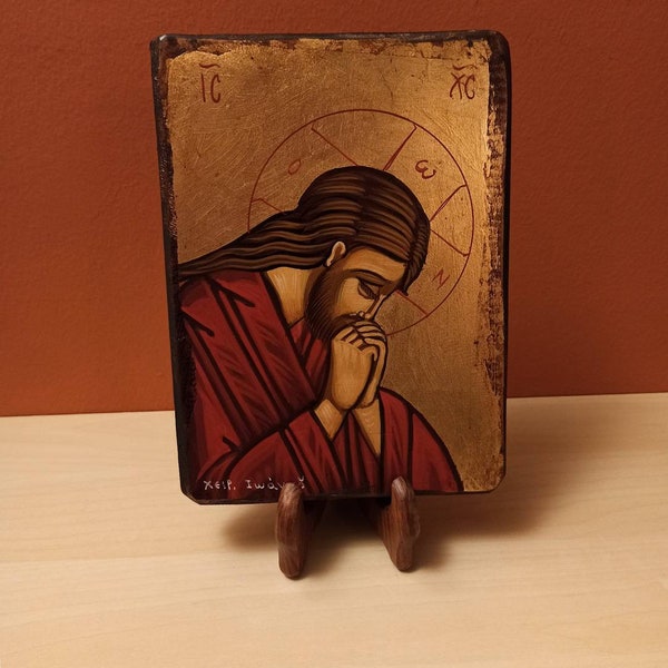 Jesus Praying, ( Ο Χριστός προσευχόμενος) hand painted Greek Orthodox Byzantine icon.