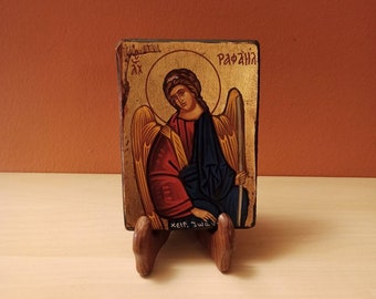 The Archangel Raphael, ( Ο Αρχάγγελος Ραφαήλ ), hand painted Greek Orthodox Byzantine icon.