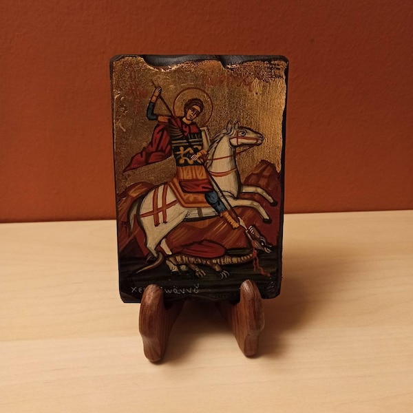 Saint George (Άγιος Γεώργιος) hand painted Orthodox Byzantine icon, made with gold leaf canvas on hand crafted wood.