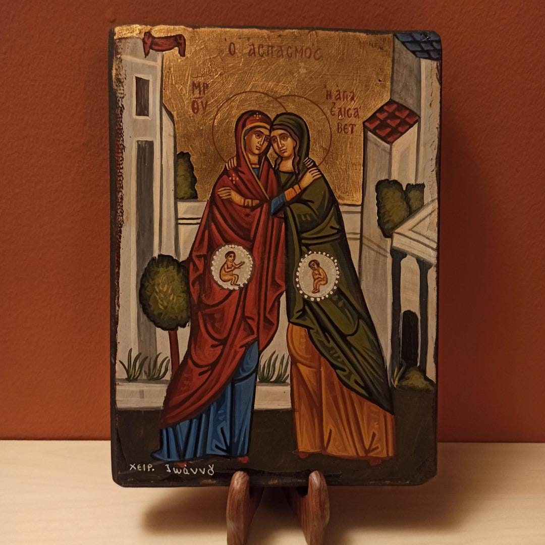 The Visitation Ο Ασπασμός Hand Painted Greek Orthodox Byzantine Icon