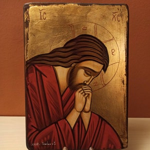 Jesus Praying, ( Ο Χριστός προσευχόμενος) hand painted Greek Orthodox Byzantine icon.