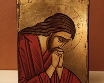 Jesús orando, ( Ο Χριστός προσευχόμενος) icono bizantino ortodoxo griego pintado a mano.