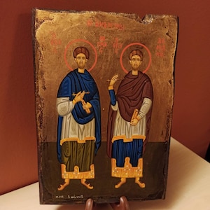 Saints Anargyroi (Άγιοι Ανάργυροι), hand painted, Orthodox, Byzantine icon.