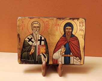 Saint Cyril and Methodius, hand made Greek Orthodox Byzantine icon.