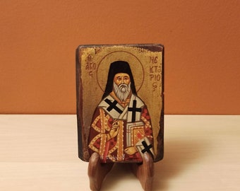 Saint Nectarios, (Ο Άγιος Νεκτάριος),  hand painted Greek Orthodox Byzantine Icon.