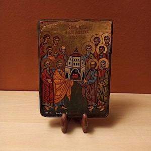 The Gathering of the Twelve Apostles, (Η Σύναξης Των Δώδεκα Αποστόλων), hand painted Greek Orthodox Byzantine icon.