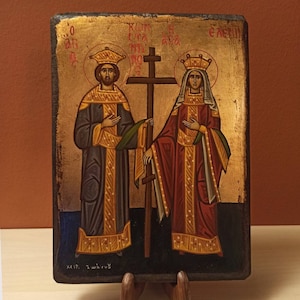 Saints Konstantine and Helen ( Κωνσταντίνος και Ελένη) hand painted Greek Orthodox Byzantine icon.