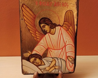 The Guardian Angel ( Ο Φύλακας Άγγελος ) hand painted Greek Orthodox Byzantine Icon.