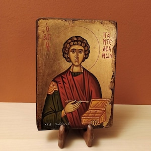 Saint Padeleimon, ( Ο Άγιος Παντελεήμονας ) hand painted Greek Orthodox Byzantine icon.
